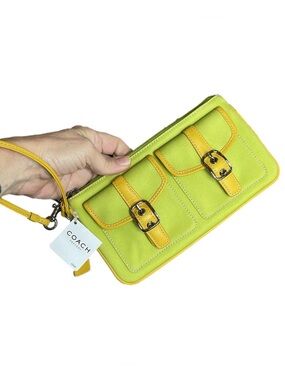COACH Y2K Vintage Lime Green & Yellow Fabric Hobo Wristlet Legacy Clutch Wallet